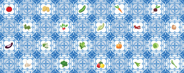 Mediterranean Ornament Seamless blue Italian tile Pattern, ceramics with vegetables on it. Tomato, potato, cucumber, onion, carrot, brocoli, cukini. Hand Drawn vector illustration.