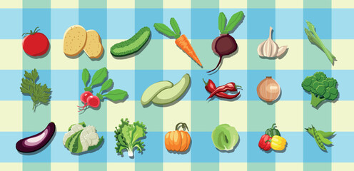 A big hand drawn set of vegetables in juicy cartoon style. The concept of healthy farm food and products on tablecloth background