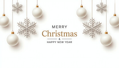 Christmas balls background. Hanging white Xmas decorative bauble, 3d silver metallic snowflakes on the ribbon. Festive vector realistic decor ornaments