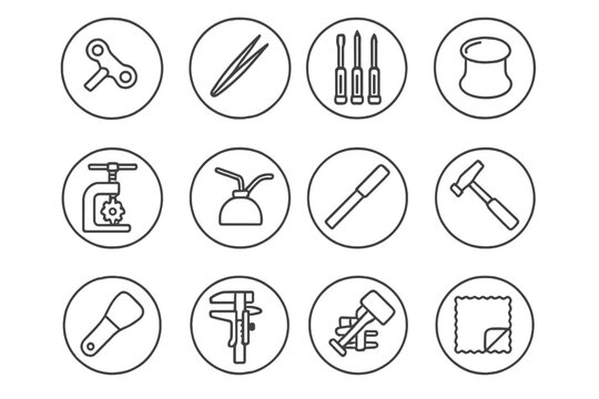 Clockmaking Tool Icons. Line style icons of clockmaking tools in round shape: winding key, tweezers, screwdrivers, loupe lens;