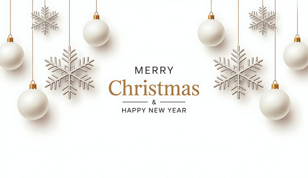 Christmas balls background. Hanging white Xmas decorative bauble, 3d silver metallic snowflakes on the ribbon. Festive vector realistic decor ornaments