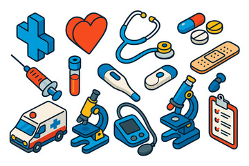 Healthcare Essentials Icons. Isometric vector illustration set Medical and Healthcare Essentials: health cross, heart, stethoscope