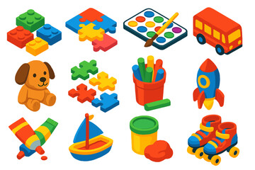 Obraz premium Bright Creative Toys. Isometric vector illustration set Creative Kids and Play: lego-style bricks, jigsaw puzzle, watercolor