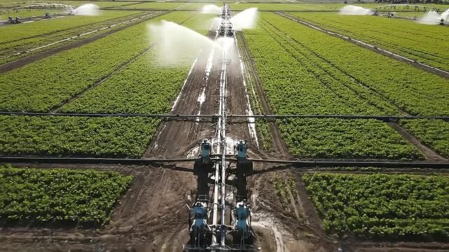 Aerial perspective of a vast agricultural field with automated irrigation system watering crops, highlighting modern farming techniques for efficient crop growth and land utilization