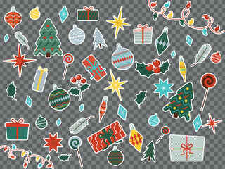 Big set of Christmas, New Year holidays stickers. Flat style collection. Vector illustration on transparent background