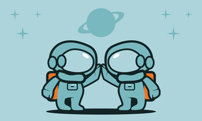 Two Astronauts High Five in Outer Space Illustration, Cosmic Friendship Artwork