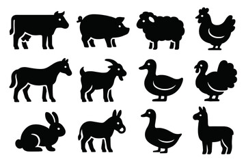 Solid Farm Icons. Solid style icons of Farm animals: cow, pig, sheep, chicken, horse, goat, duck, turkey, rabbit, donkey, goose,