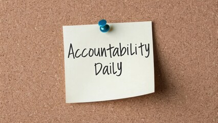 Sticky Note with Accountability Daily Message on Corkboard Surface