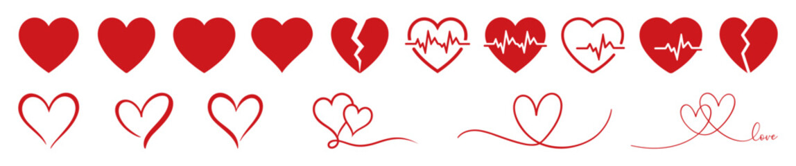 Red heart icon set and line art hearts, including broken hearts and heartbeat symbols. Perfect for love, Valentine’s Day, romance, wedding, and emotional design. Heart, love, red heart.