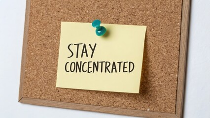 Stay Focused Quote on Sticky Note with Corkboard Background