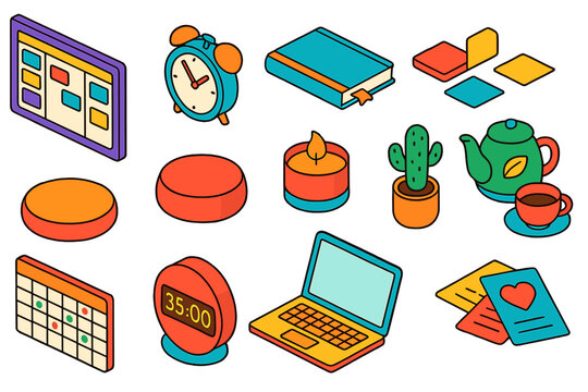 Mindfulness and Productivity Tools. Isometric vector illustration set Productivity and Mindfulness: project tracker board, alarm