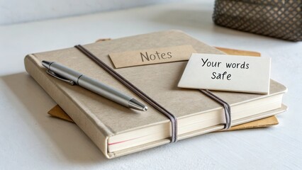 Stylish Notebook with Pen and Inspirational Quote Card on Table