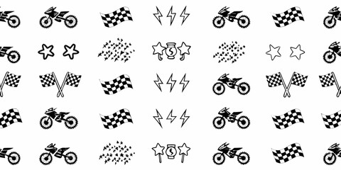 Motocross racing icons including checkered flags lightning bolts stars and money symbols in a repeating pattern