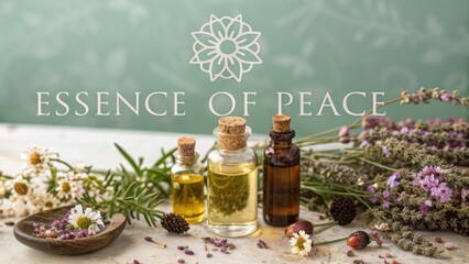 Tranquil Collection of Essential Oils with Fresh Herbs and Flowers