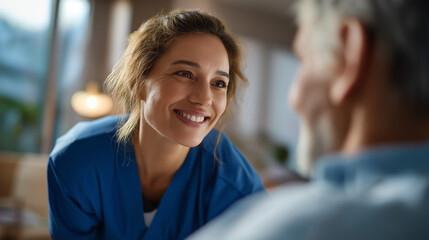 Smiling nurse helping elderly man get up from bed mid shot from behind nurse patient profile cropped at eyes gentle morning light compassionate care mobility help faceless