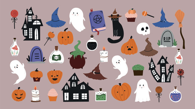 Hand drawn Halloween clipart set with ghosts, pumpkins, cat, potions, and haunted houses. Perfect for spooky cute designs, stickers, prints, and seasonal illustrations.