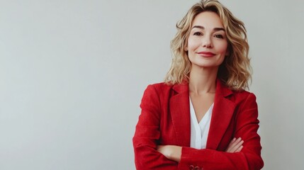 Stylish portrait of a woman with short blonde hair, arms crossed, in a bright red jacket against a white background. Confidence, business style, fashion, femininity, minimalism, energy, leadership