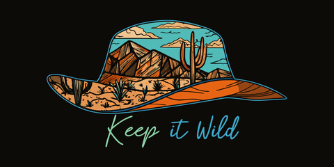 Desert landscape inside cowboy hat with keep it wild text on black background