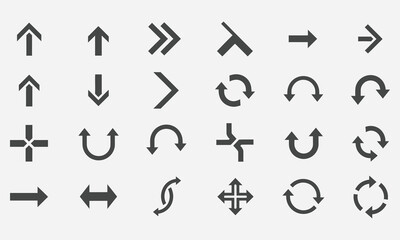 Collection of diverse directional arrows and symbols indicating movement, navigation, and circular actions