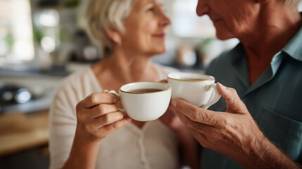 Old couple enjoying tea together in kitchen cups clinking torsos and hands heads softly out of frame domestic happiness morning ritual faceless no visible faces seniors