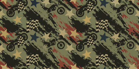 Seamless pattern of motocross motorcycles checkered flags and stars on a distressed camouflage background