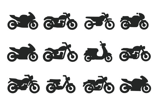 Various Motorcycle Icons. Solid style icons of Motorcycles and bikes: sport bike, cruiser, dirt bike, touring bike, electric
