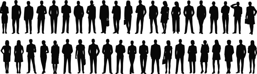 Business silhouettes, professional figures, corporate attire, standing poses, career icons, workplace diversity, team illustration, black silhouettes, office staff, briefcasebusiness, professional,