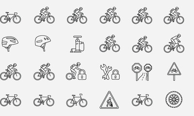 A comprehensive set of cycling line icons, including bicycles, riders, safety equipment, and road signs for web and print design