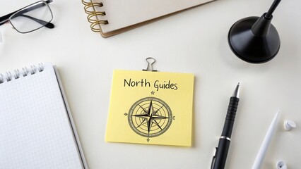 Yellow Sticky Note with Compass Drawing and Text 'North Guides'