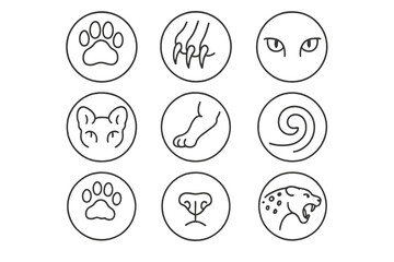 Leopard Anatomy Icons. Line style icons of leopard anatomy in round shape: leopard paw, leopard claws, leopard eyes, leopard ears;