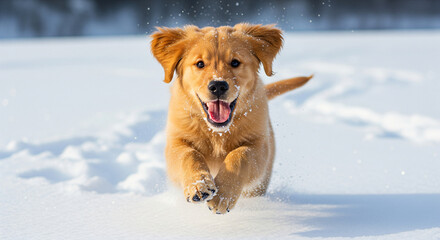 Golden Retriever Puppy Sliding Down Snowy Hill with Joyful Expression and Cinematic Winter Sunset Glow JPG