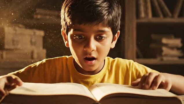 Curious boy reading a large book with a look of wonder, surrounded by magical light and dust, symbolizing imagination, learning, and discovery.
