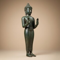 Majestic Antique Bronze Standing Buddha Statue, Premium Studio Shot, Isolated on Minimalist Beige Background