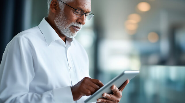 Happy Indian mature man holding tablet torso and hands head turned away toward screen cultural professional faceless no visible faces technology with copy space