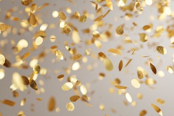 Golden glittering confetti cascading on a light background, featuring various shapes and sizes, exuding a festive atmosphere with a neutral contrast that enhances the vibrant gold tones