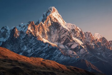 Obraz premium Majestic snow-covered mountains with sharp peaks illuminated by sunlight, showcasing a stunning contrast between rocky terrain and warm grassy slopes under a clear, serene sky
