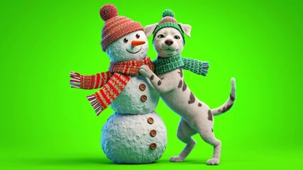 A dalmatian dog in a winter hat and scarf hugs a snowman adorned with a striped scarf and beanie - Powered by Adobe