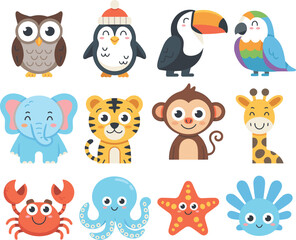 Cartoon animals collection, owl, penguin, toucan, parrot, elephant, tiger, monkey, giraffe, crab, octopus, starfish, sea anemone
