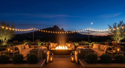 Outdoor lounge area with fire pit, seating, and string lights under a twilight sky.