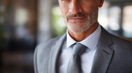 Middle eastern businessman portrait suit detail and tie head cropped above mouth corporate setting blurred executive presence faceless no visible faces business with copy