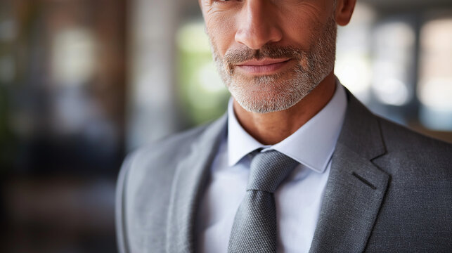 Middle eastern businessman portrait suit detail and tie head cropped above mouth corporate setting blurred executive presence faceless no visible faces business with copy