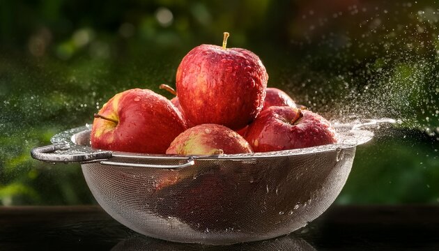 fresh red apples in water bowl surrounded by splashing water droplets