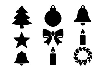 Collection Of Christmas Holiday Icons Featuring A Pine Tree Bauble Bell Star Bow Candle And Wreath In Black Silhouette On White Background