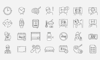A comprehensive line icon set illustrating concepts of sleep, insomnia, circadian rhythm, and sleep-related health issues