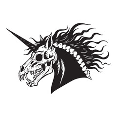 Dark and macabre illustration of a skeletal unicorn head with a flowing mane and sharp horn © DesignIMT