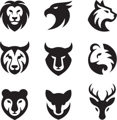 Premium Wild Animal Head Silhouette Pack: Bold B&W Iconography for Branding