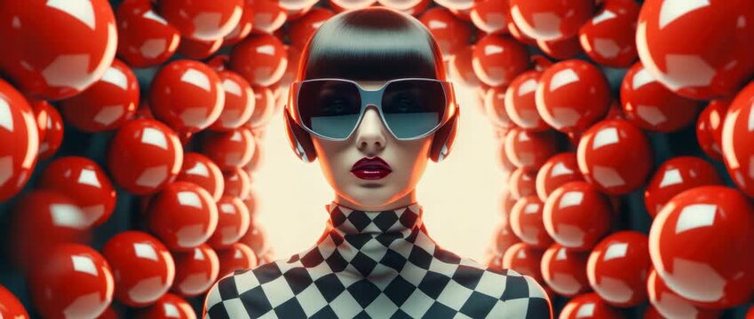 Fashion model poses dramatically in striking black and white outfit against a vibrant red backdrop with glossy spheres