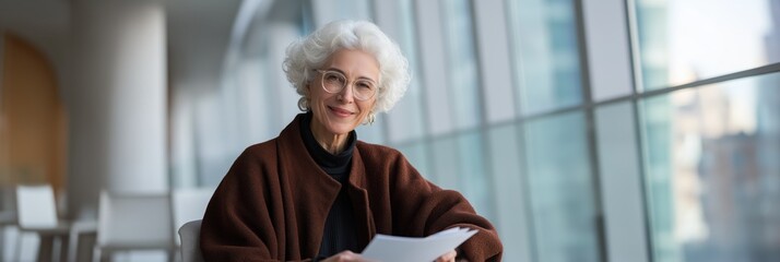 Elderly caucasian woman reading in modern glass architecture