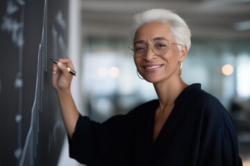 Mature african female teacher writing on chalkboard in classroom