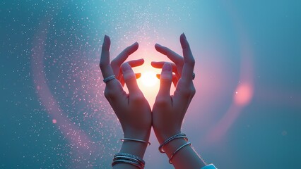 Elegant hands holding glowing light sphere, magical energy concept, sparkling particles on blue gradient background with copy space